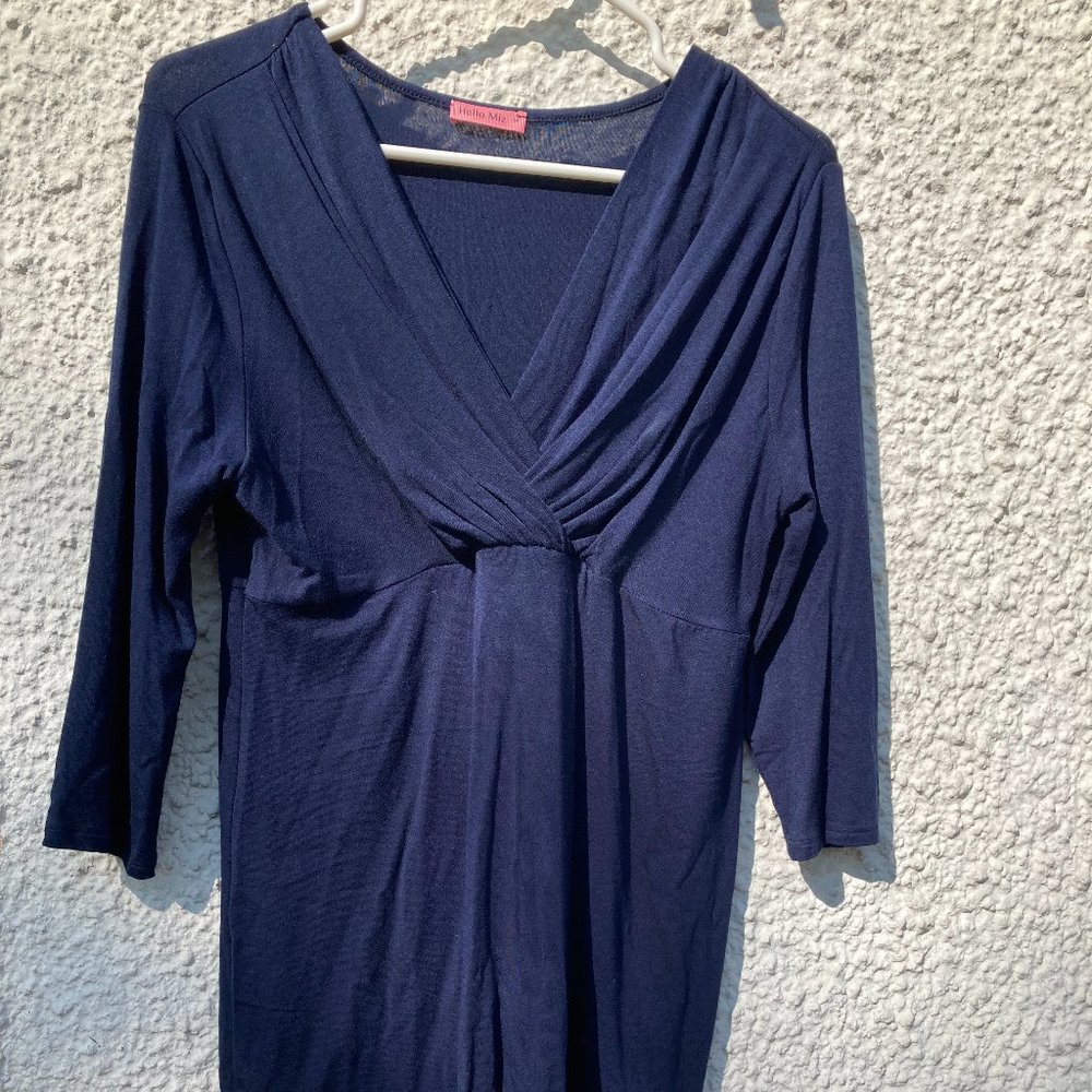 Hello Miz Women's M Maternity V-Neck Empire Waist 3/4 Sleeve Shirt Navy Blue